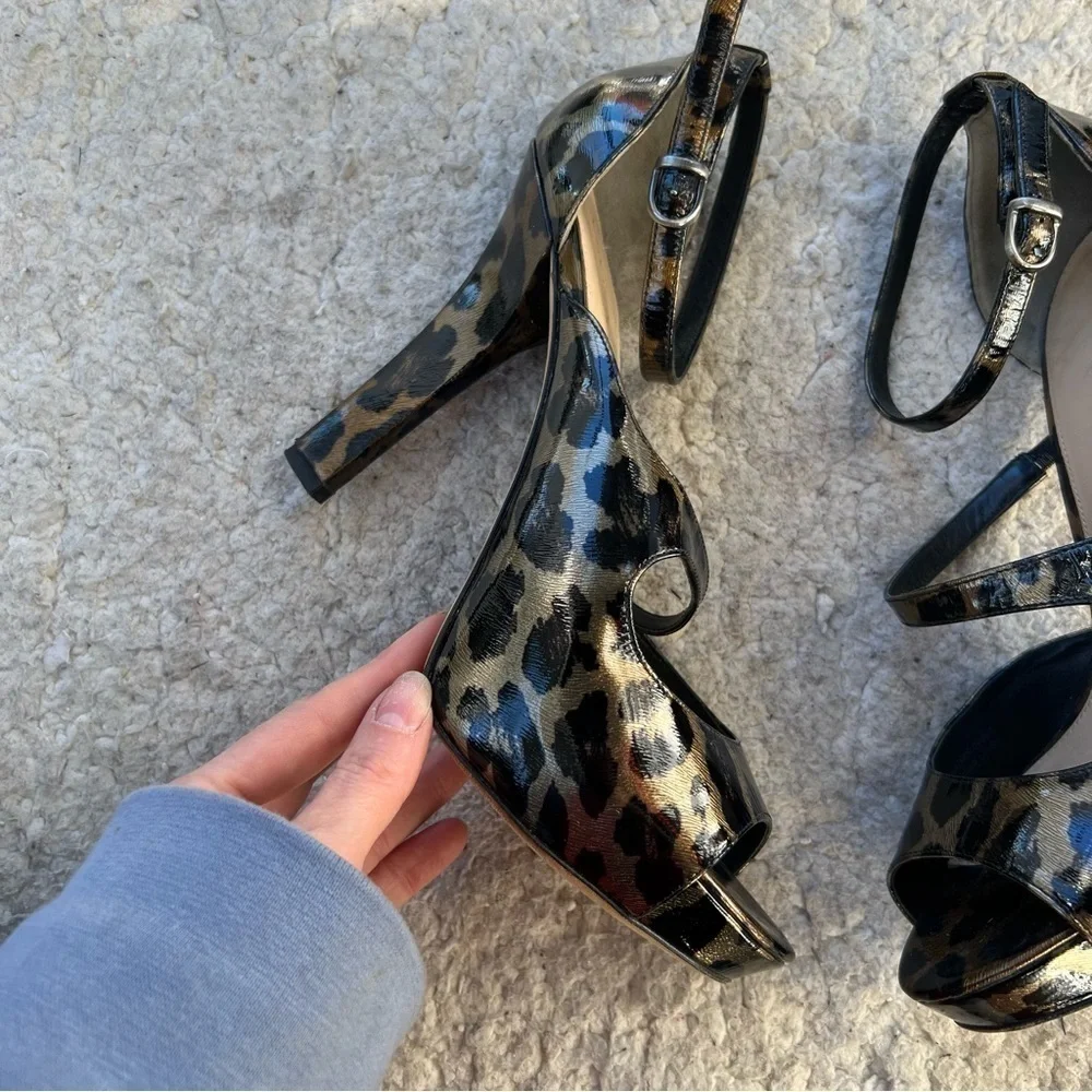 Via Spiga: Metallic Leopard Print Peep Toe D'Orsay Ankle Strap Platform Heels